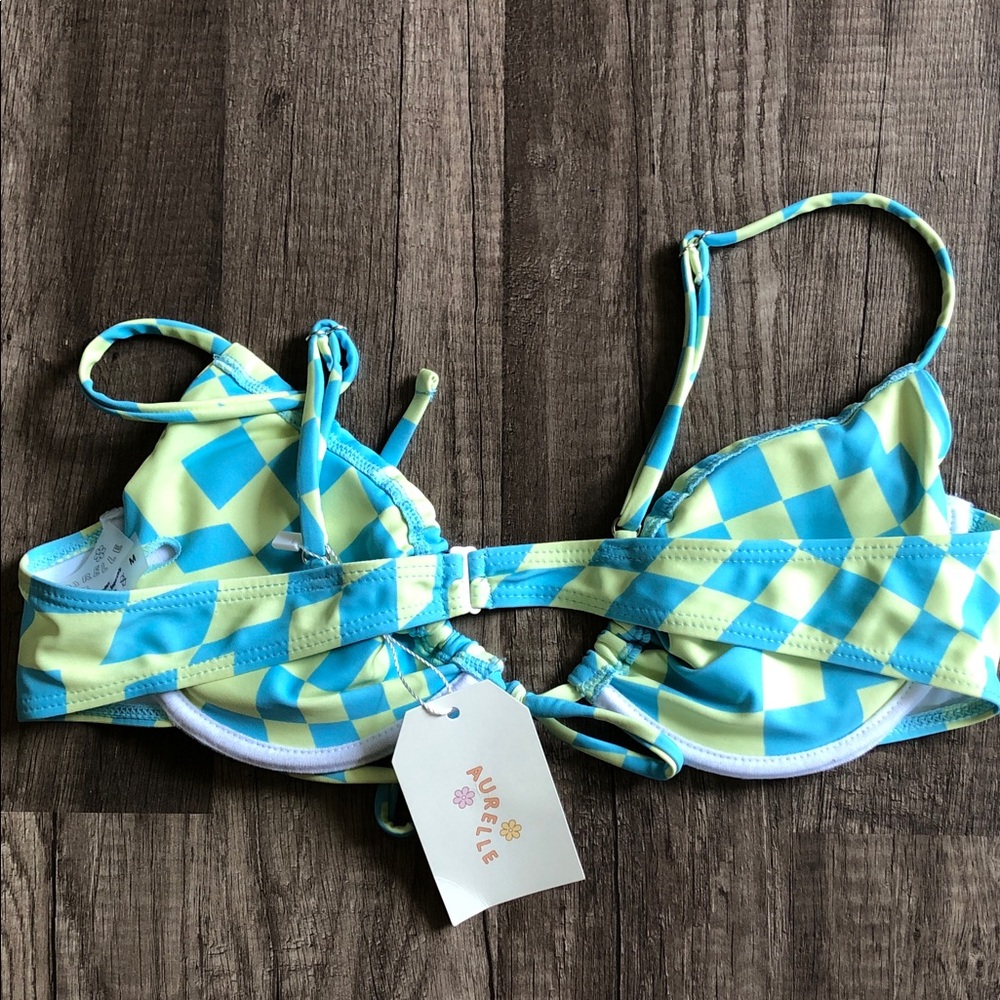 Aurelle Swim Riza Blue and Yellow Checkered Swim Top NEW - Picture 6 of 7